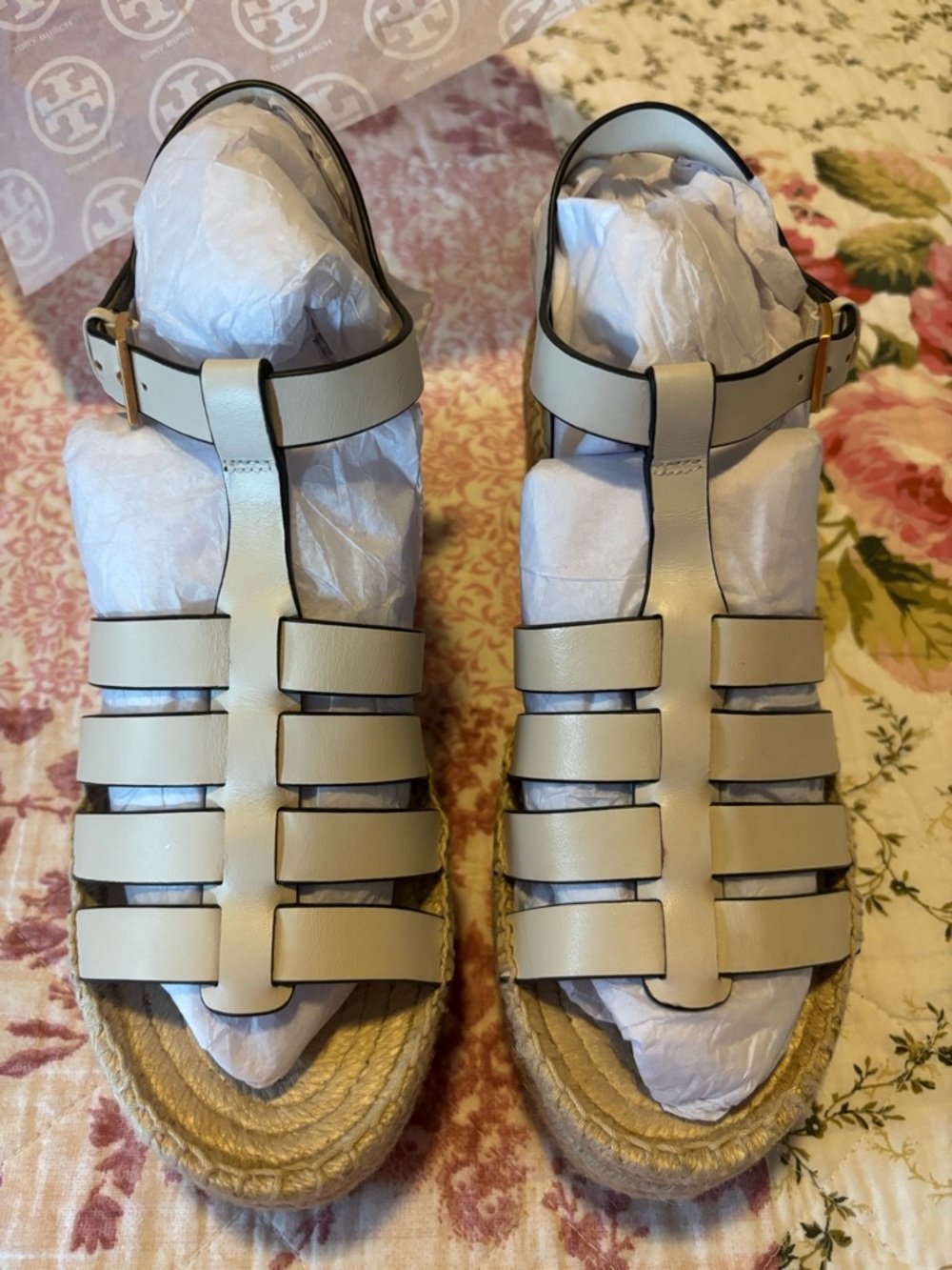 Tory Burch Ivory Vachetta Leather Strappy Espadrille Wedges Sandals - Picture 16 of 16